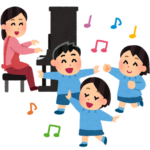 ピアノに合わせて踊るこどもたちのイラスト